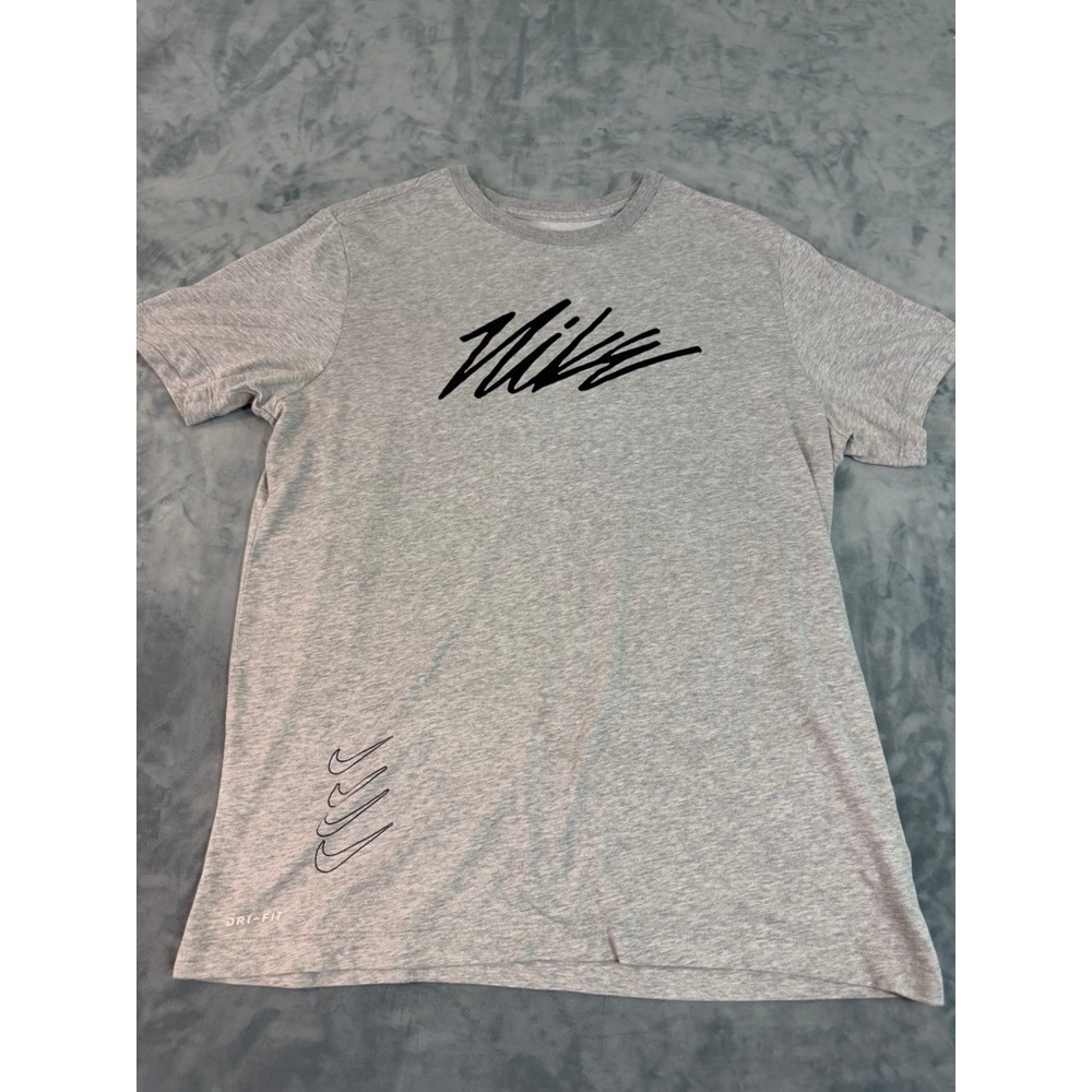 Nike Mens Dri-FIT Script Logo Graphic T-Shirt Gray Large Short Sleeve